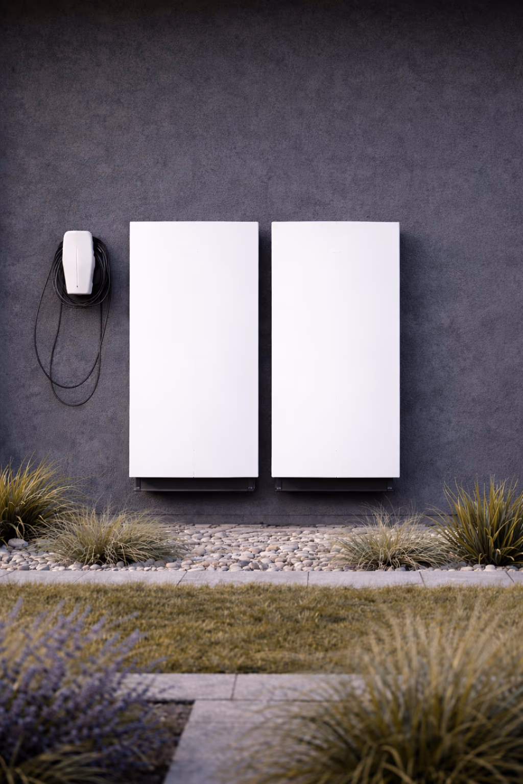 Two home battery units wall-mounted on a dark exterior with landscaped garden