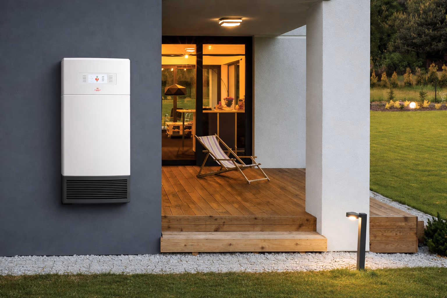Home battery unit mounted on exterior wall beside a cozy evening patio